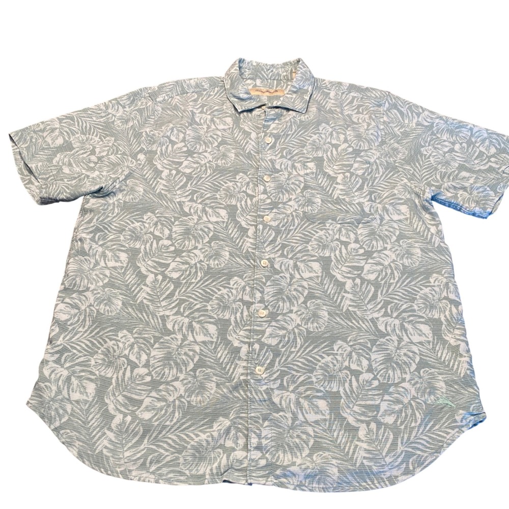 Tommy‎ Bahama Mens Large Sage Green Floral Tencel Modal Button Up Camp Shirt